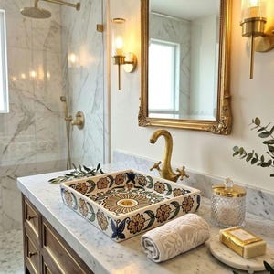 Hand Painted Floral Ceramic Vessel Sink - Luxury Bathroom Vanity Basin, Artisanal Moroccan Style Sink.