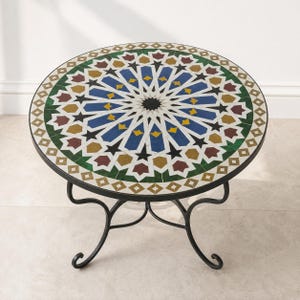 Handmade Moroccan Mosaic Zellige Coffee Table – Round Ceramic Tile Table – Artisan Patio & Indoor Accent Table – Wrought Iron Base.