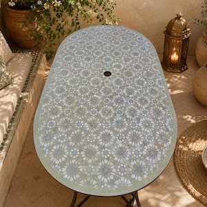 Oval Zellige Mosaic Table Handmade Moroccan Coffee Table Luxury Patio Dining Table Artisan Tile Outdoor Garden Decor.