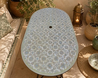 Oval Zellige Mosaic Table Handmade Moroccan Coffee Table Luxury Patio Dining Table Artisan Tile Outdoor Garden Decor.