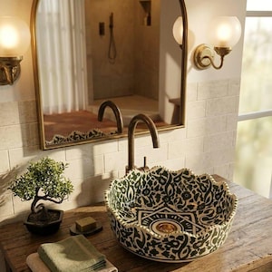 May include: A round ceramic vessel sink with a scalloped rim, featuring a dark green and white floral pattern. The sink includes a gold-toned drain and is paired with a tall, curved bronze tap. The basin sits on a rustic wooden vanity top.