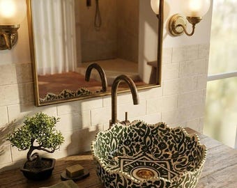 Green and White Moroccan Vessel Sink, Hand-Painted Scalloped Pattern Ceramic Basin, Square Bathroom Vanity Sink, Artisanal Fes Pottery
