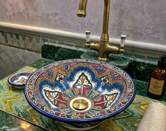 Handmade Moroccan Blue decorated Ceramic Bathroom Sink: Artisan Pottery Basin