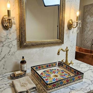 Hand-Painted Moroccan Ceramic Sink, Luxury Bathroom Vessel Sink, Vibrant Geometric Pattern, Artisan Bathroom Decor.