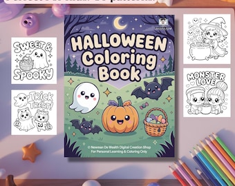 Puede incluir: Un libro para colorear de Halloween con una portada que presenta una calabaza, murciélagos y un fantasma. Se ven otras páginas para colorear con ilustraciones temáticas de Halloween. El título "Halloween Coloring Book" se muestra en la portada.