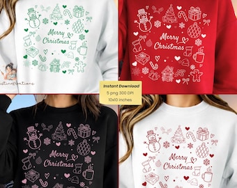 Merry Christmas Doodle PNG Bundle, Hand-Drawn Clipart, Festive Holiday Shirt Designs, Cute Winter Graphics for Sublimation, Sweatshirt Print