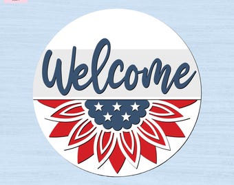 Welcome American Sunflower DIY Kit – DIY Door Decor – Paint Your Own Sign – Laser Cut Plywood Sign – Laser Cut Unfinished Wood