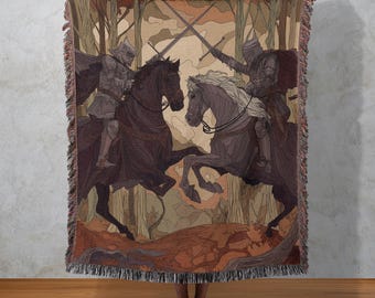 Manta tejida Duelo de Caballeros, Tapiz de Batalla Medieval, Decoración de Guerrero Fantástico