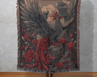 Phoenix Rebirth Woven Blanket, Mythical Bird Tapestry, Gothic Floral Decor