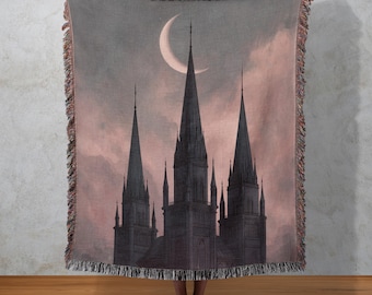 Gothic Cathedral Woven Blanket, Crescent Moon Tapestry, Dark Fantasy Wall Hang, Medieval Home Decor