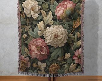 Floral Woven Cotton Blanket: Peony Botanical Tapestry, Cottagecore Decor