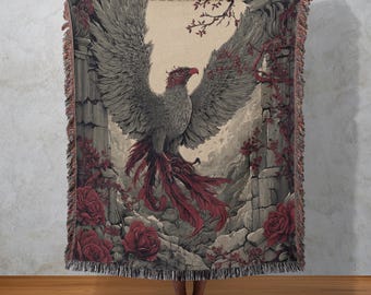 Crimson Phoenix Woven Blanket, Fantasy Bird Tapestry, Renaissance Myth Decor