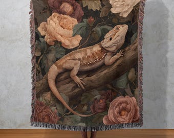 Bearded Dragon Woven Blanket, Floral Reptile Tapestry, Exotic Nature Decor