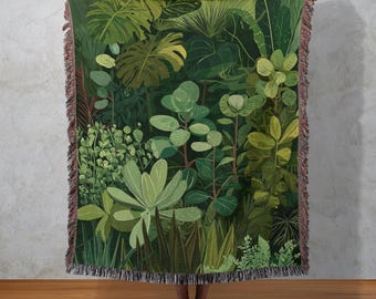 Tropical Leaves Woven Blanket, Botanical Jungle Tapestry, Lush Greenery Wall Hanging, Nature Decor