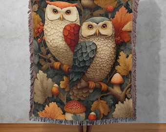 Owl Woven Blanket: Autumn Forest Tapestry, Cottagecore Decor