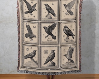 Raven Panel Woven Blanket, Vintage Gothic Tapestry, Occult Crow Wall Hang, Dark Folklore Decor