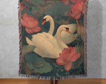 Manta de cisne, tapiz tejido con flor de loto, elegante arte mural natural, decoración botánica para el hogar.