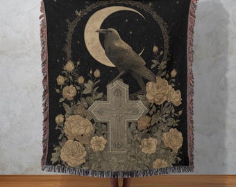Raven Gothic Woven Blanket, Cemetery Moon Tapestry, Dark Romantic Wall Hanging, Occult Home Decor