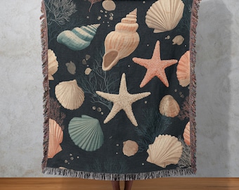 Ocean Shells Woven Blanket, Marine Life Tapestry, Seaside Coastal Wall Hanging, Nautical Beach Decor