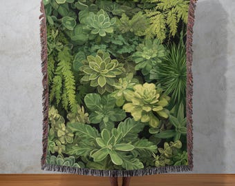 Grüne Sukkulenten gewebte Decke, botanischer grüner Wandteppich, üppiger Natur-Wandbehang