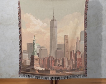 Woven New York City Skyline Blanket: Statue of Liberty Tapestry, Metropole Wall Tapestry