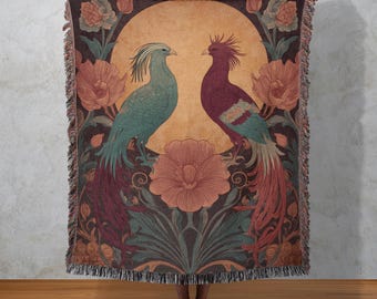 Phoenix Lovers Woven Blanket, Mythical Birds Tapestry, Boho Floral Wall Hanging, Fantasy Home Decor