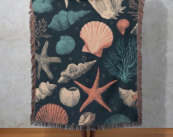 Seashell Woven Blanket, Starfish Ocean Tapestry, Coastal Beach House Wall Hanging, Nautical Home Decor