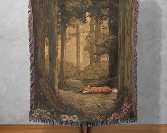 Sleeping Fox Woven Blanket, Romantic Woodland Tapestry, Cozy Nature Decor