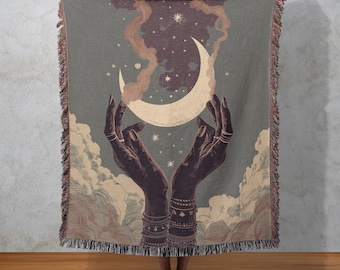 Crescent Moon Woven Blanket, Celestial Hands Tapestry, Mystical Moon Wall Hanging, Witchy Home Decor