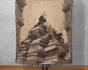 Grand Library Woven Blanket, Book Lover Tapestry, Vintage Literature Wall Hanging, Cozy Academic Decor