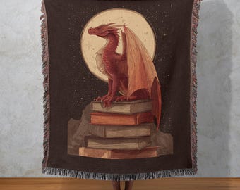 Drache auf Büchern gewebte Decke, Fantasy Bibliothek Wandteppich, Fabelwesen Überwurf