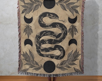 Serpent Eclipse Woven Blanket, Occult Snake Tapestry, Moon Phase Wall Hanging