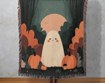 Halloween Ghost Woven Throw Blanket, Spooky Season Decor, Fall Blanket with Fringe