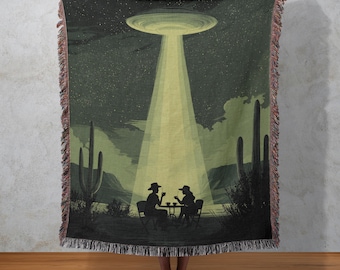 Cowboy UFO Woven Blanket, Desert Alien Abduction Tapestry, Western Sci-Fi Throw, Cosmic Wall Decor