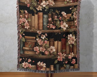 Floral Bookshelf Blanket: Woven Cotton Library Tapestry, Vintage Decor, Bookshelf Wall Hang