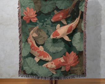 Koi Harmony Gewebte Decke, Japanischer Teich Wandteppich, Zen Natur Wandbehang