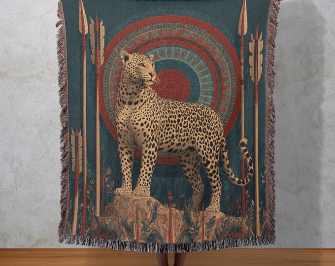 Leopard Warrior Woven Blanket, Tribal Safari Tapestry, Jungle Animal Wall Decor, Wild Nature Throw
