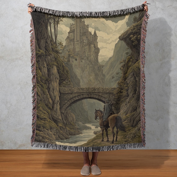 Bridge of Legends Woven Blanket, Medieval Castle Tapestry, Fantasy Landscape Decor