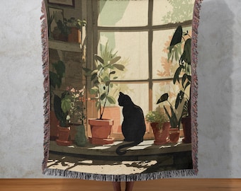 Manta tejida de gato negro, tapiz acogedor para ventana, tapiz gótico para mascotas, decoración de brujas para el hogar