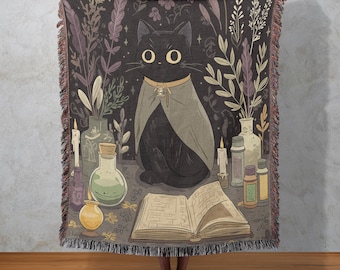 Manta tejida de gato negro brujo, tapiz mágico místico, decoración oculta para el hogar, libro de hechizos para colgar en la pared