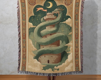 Manta tejida de la Torre del Dragón, tapiz medieval de fantasía, tapiz de criatura mítica, decoración del hogar con castillo