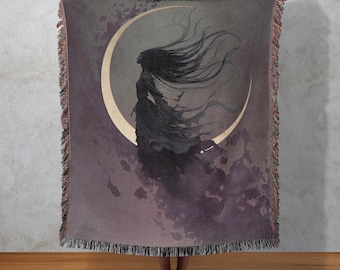 Couverture tissée déesse sombre, tapisserie de lune gothique, décoration murale sorcière, art fantastique mystique