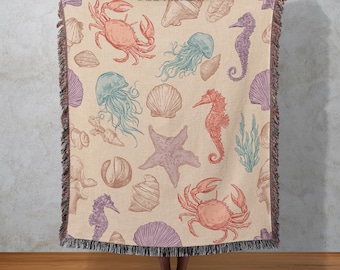 Manta tejida Ocean Life, tapiz de caballito de mar con conchas, decoración de playa costera, tapiz náutico