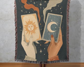 Tarot Woven Blanket, Sun & Moon Tapestry, Celestial Divination Wall Hanging, Mystical Home Decor