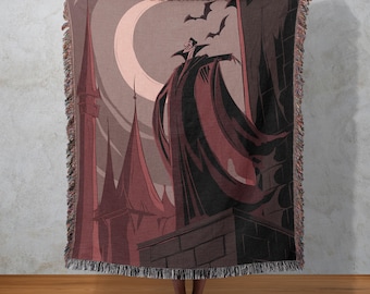 Gothic Vampire Castle Woven Blanket, Dark Fantasy Illustration Tapestry, Gothic Wall Decor