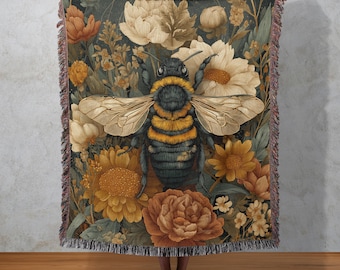 Bee & Floral Woven Cotton Blanket: Cottagecore Throw, Tapestry Wall Art