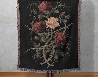 Thorns & Roses Woven Blanket, Gothic Floral Tapestry, Baroque Botanical Wall Hanging