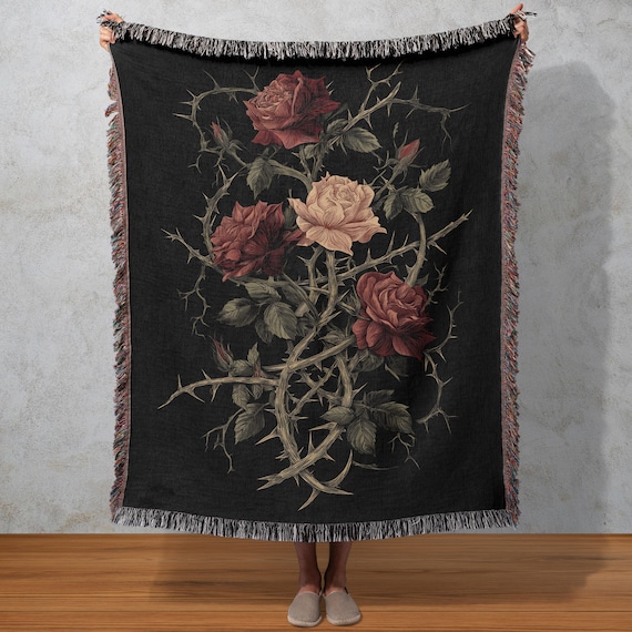 Thorns & Roses Woven Blanket, Gothic Floral Tapestry, Baroque Botanical Wall Hanging