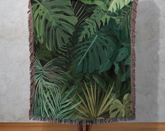 Tropical Monstera Woven Blanket, Jungle Leaf Tapestry, Exotic Botanical Wall Hanging