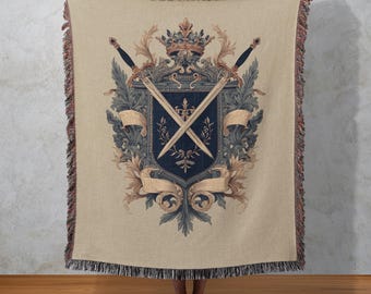 Royal Crest Woven Blanket: Medieval Knight Shield, Gothic Decor
